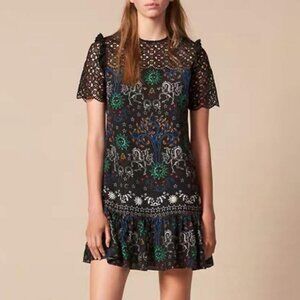 EUC Sandro Zodiac Celestial Lace Trim Mini Dress Black 36, 4, S